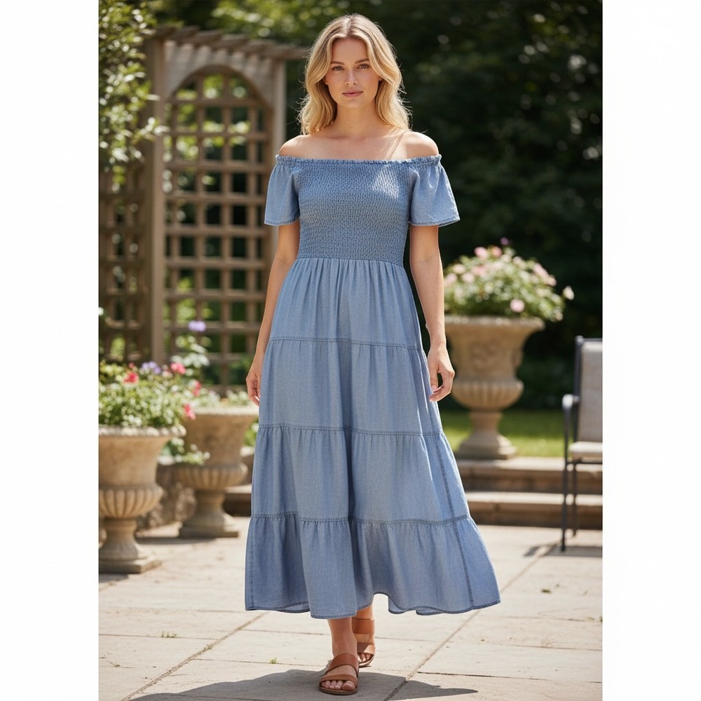 Lauren Ralph Lauren Chambray Midi Dress Womens 10 Blue Smocked Tiered Cotton